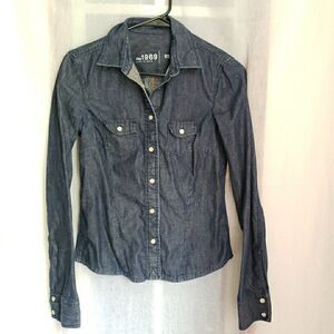 GAP 1969 Women Size XS Casual Dark Denim Cotton Button Long Sleeve Shirt Western